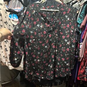 Torrid Black Top with Red Floral and White Bird Design